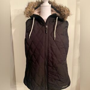 Eddie Bauer quilted vest jacket women Hooded Fleece Liner Insulated Sz L